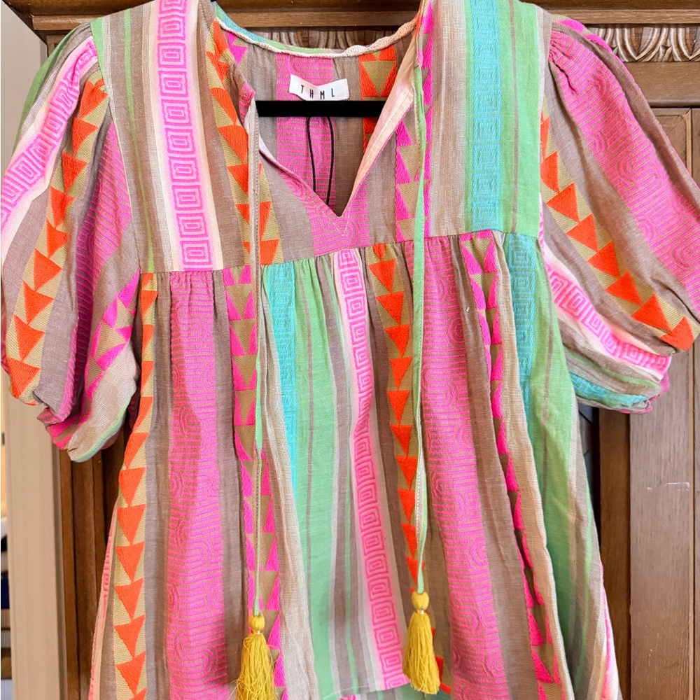 THML Pink, Mint & Orange Striped Tassel Peasant Tunic